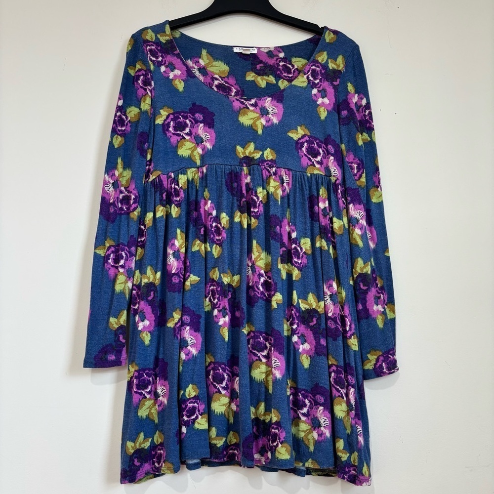 I love H81 Y2K wool viscose navy purple long sleeve pleated babydoll mini dress